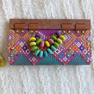 Leather, Wood and Handmade Textile Clutch